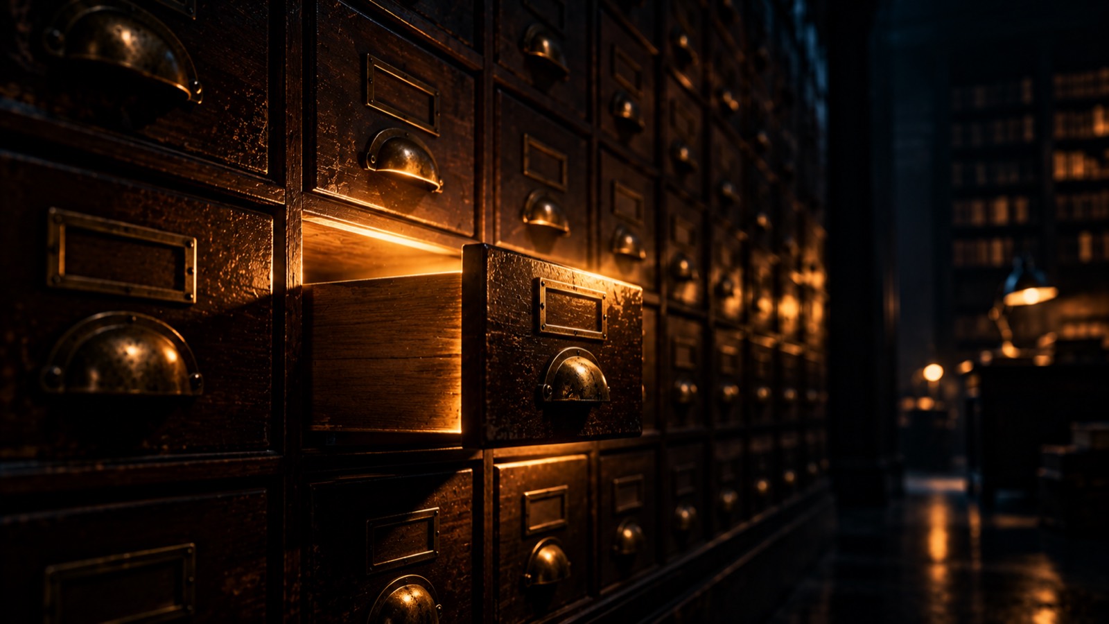 Un mur de tiroirs de bibliothèque, l'un entrouvert