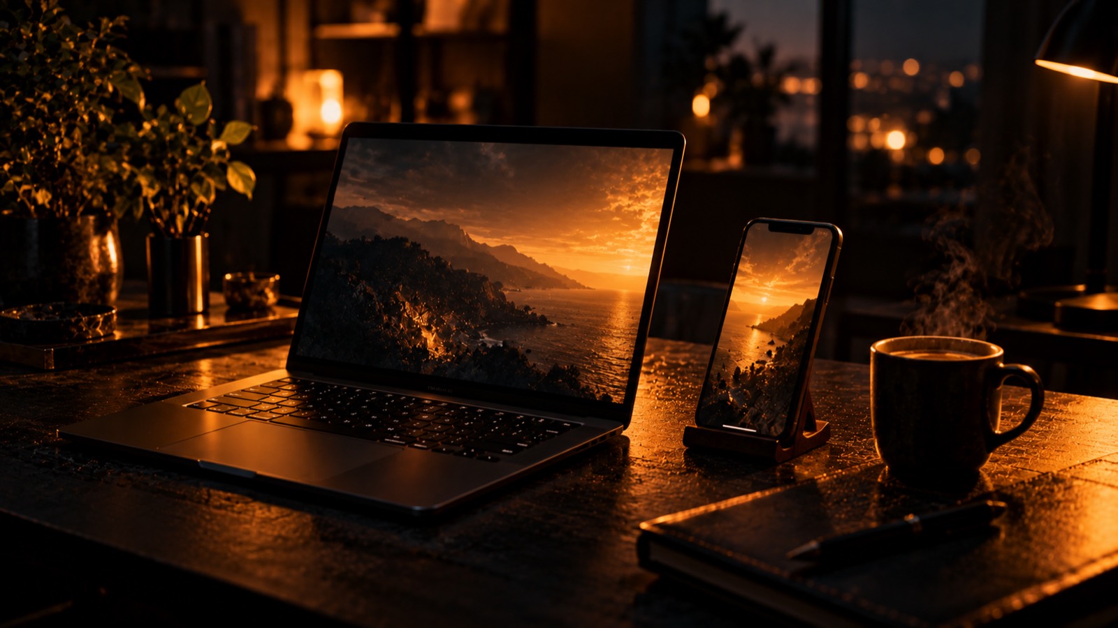 Un ordinateur et un téléphone allumés dans la nuit
