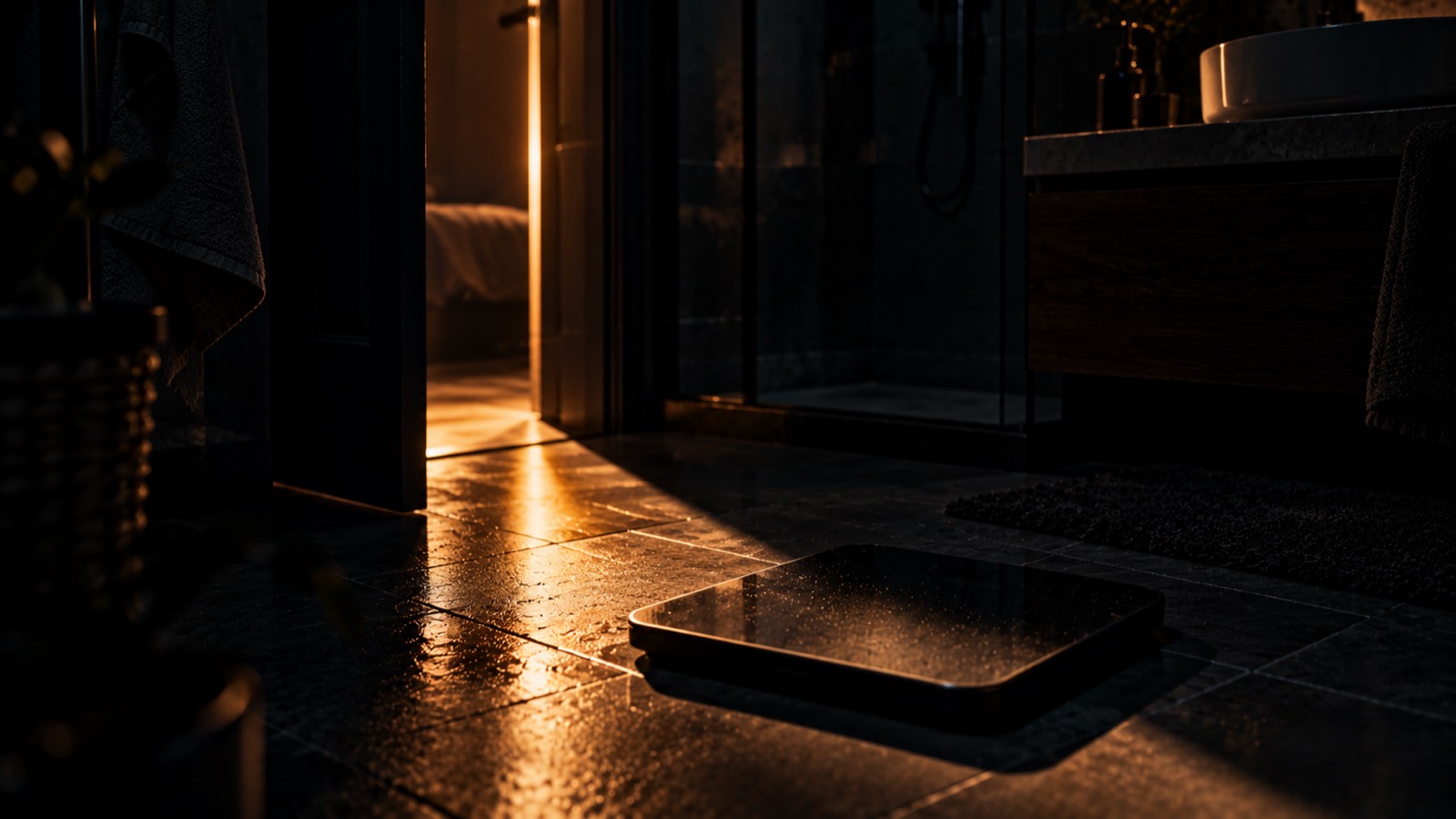 Une balance dans une salle de bain sombre